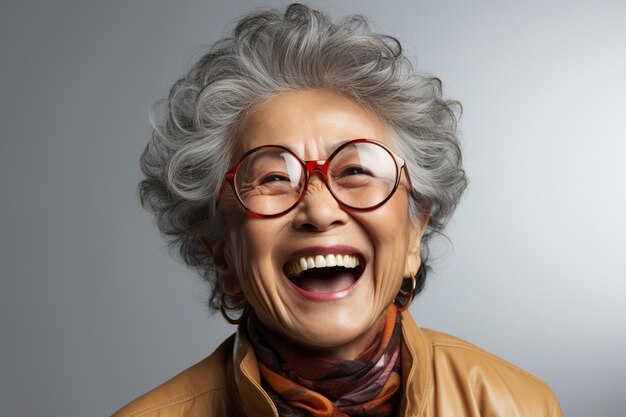 Photo portrait of old asian woman laughing