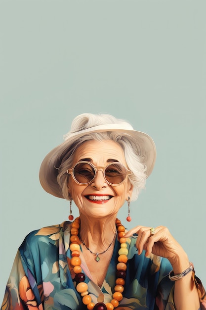 Portrait of an old beautiful woman with blue background Copy Space Free Space Vertical Picture