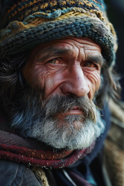 Foto ritratto di un vecchio senzatetto con la barba grigia e i baffi in un cappello