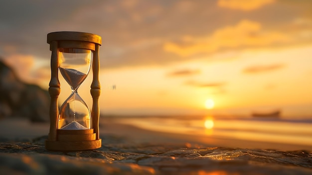 Portrait of an old hourglass against sunset background