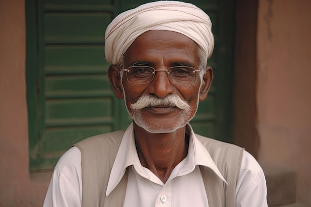 Portrait of an old Indian man wearing a turban and glasses