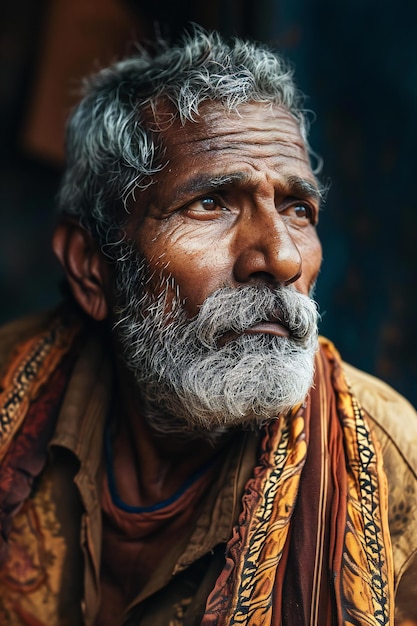 Portrait of an old Indian man with a beard and mustache