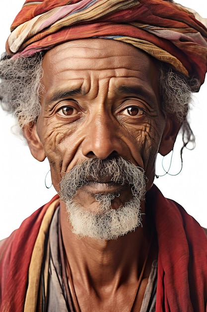 Portrait of an old Indian man with a white beard and a turban