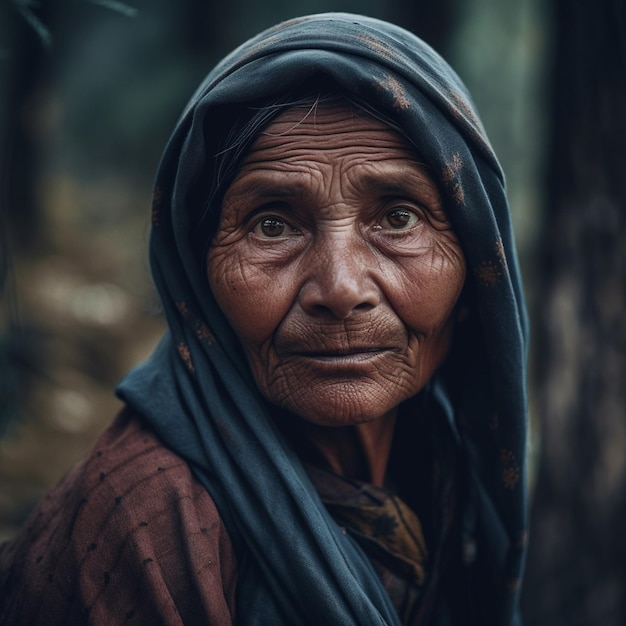 Portrait of an old Indian woman in the forest Vintage style