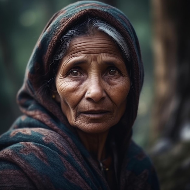 Portrait of an old Indian woman in the forest Vintage style