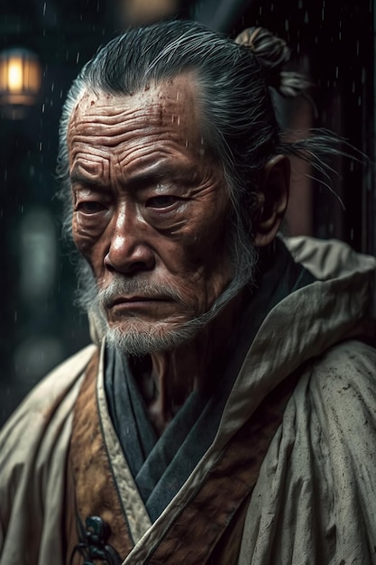 Portrait of old Japanese samurai warrior in traditional Asian kimono in city in rain Generative AI