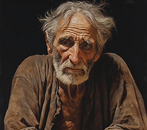 黒い背景の茶色のジャケットを着た老人の肖像画
