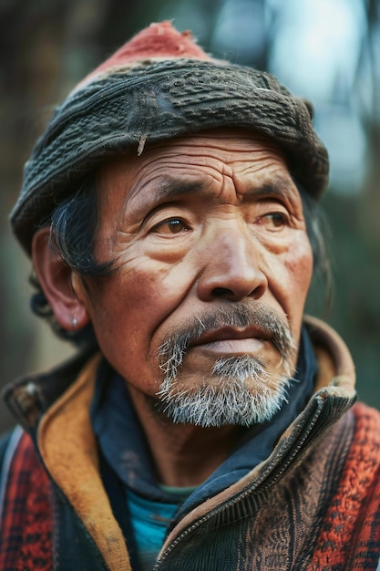 Portrait of an old man in the forest Vietnam Vintage style