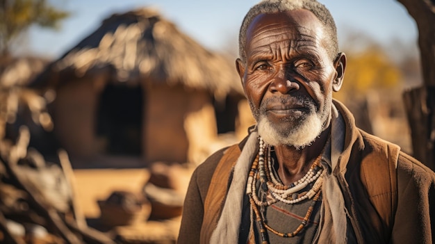 アフリカのボツワナのジュワネン砂漠の村にあるアフリカの部族の老人の肖像画