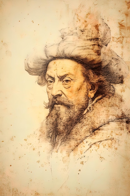 Photo portrait of an old man from the renaissance with ink and watercolor