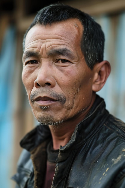 Portrait of an old man in a leather jacket in the village