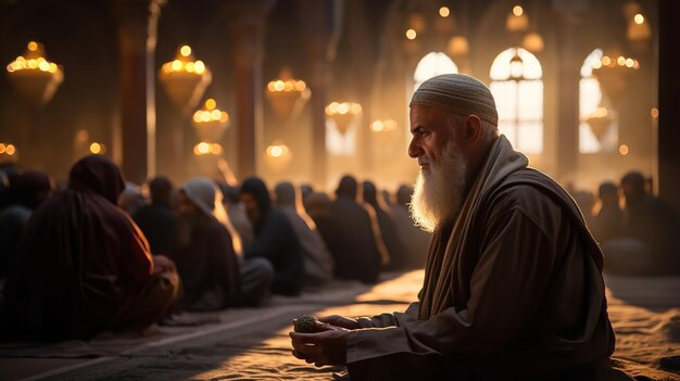 Photo portrait of an old man praying in mosque during sunset generative ai