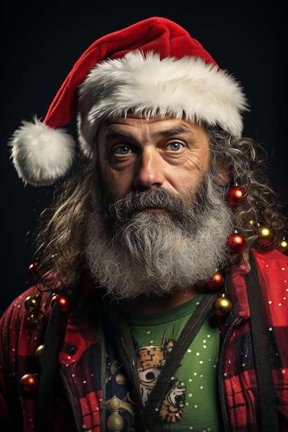 Portrait of an old man in a Santa Claus hat on a dark background