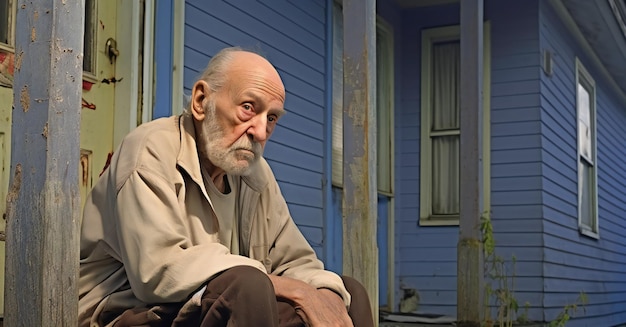 Photo portrait of an old man sitting in front of a blue house