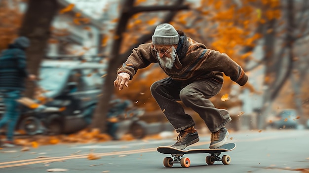 A portrait of a old man skating in road with a blurry backdrop and speedy portrait with trees and street view and space for text Generative AI