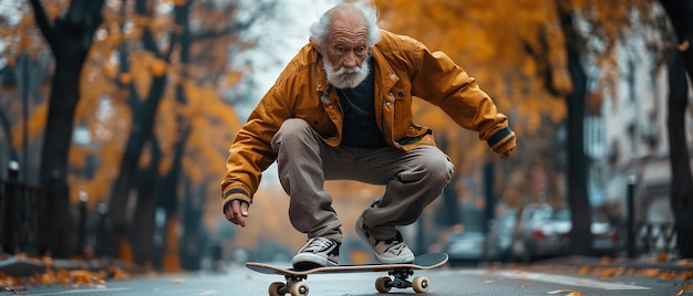 Photo a portrait of a old man skating in road with a blurry backdrop and speedy portrait with trees and street view and space for text generative ai