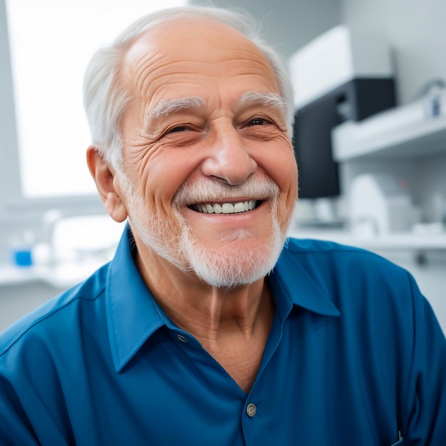 A portrait of an old man smiling in a dental clinic looking confident and happy