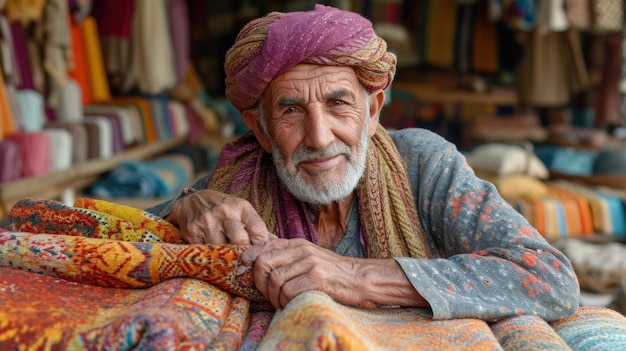 Photo portrait of an old man in a turban on the background of colorful fabrics in yemen