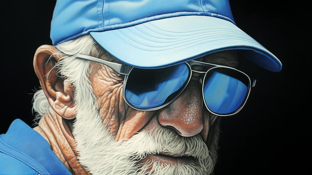 A portrait of an old man wearing a blue cap and sunglasses generated by AI