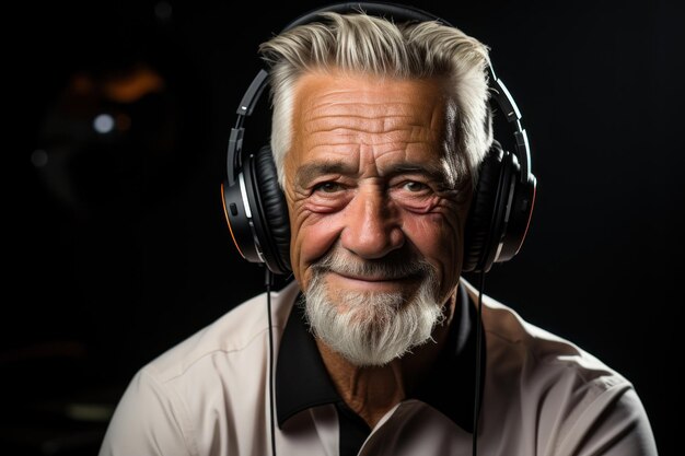 portrait of old man wearing headphones calling center