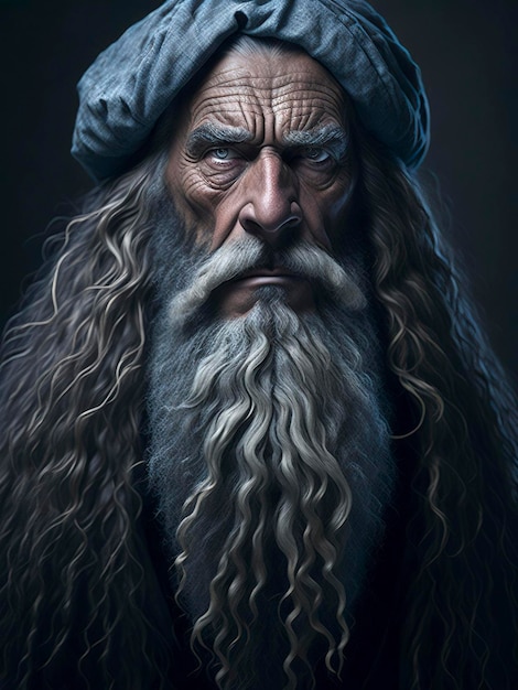 A portrait of an old man with a blue hat.