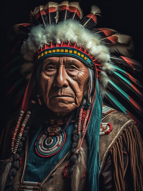a portrait of an old man with a feathered headdress.