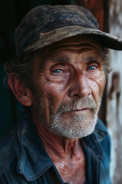 Portrait of an old man with a hat in the old village