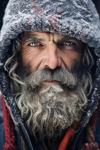 Portrait of an old man with long gray beard and mustache on a cold winter day