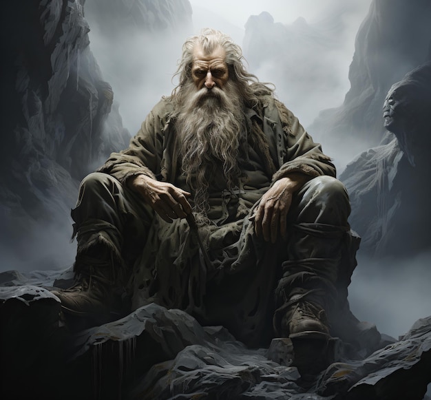 Портрет старика с длинной белой бородой и волосами, сидящего на камне в туманном лесу