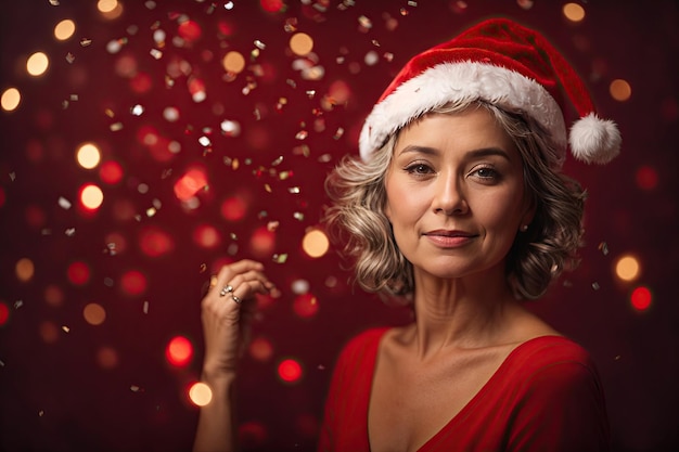 Portrait of old missis in santa claus hat studio on red background ai generative