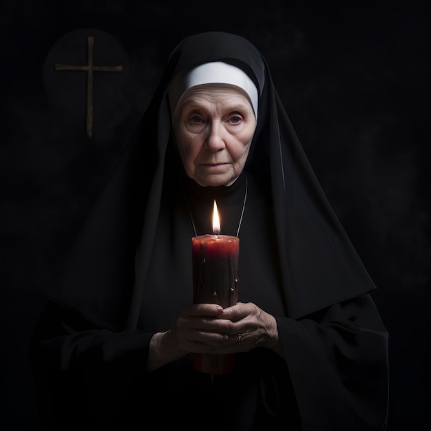 Portrait of an old nun with a candle on a dark background