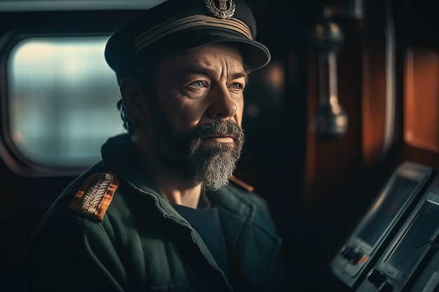 Portrait of an old sailor captain of ship in uniform in control room Generative AI