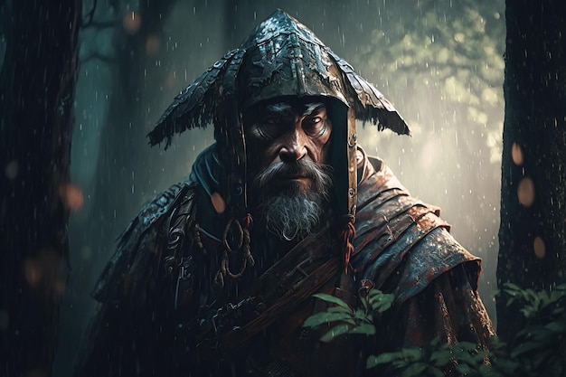 Portrait of old samurai warrior in traditional Japanese armor in forest in rain Generative AI