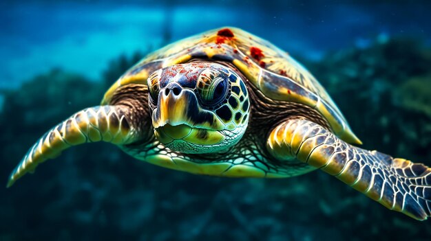Портрет старой морской черепахи, плавающей в океане