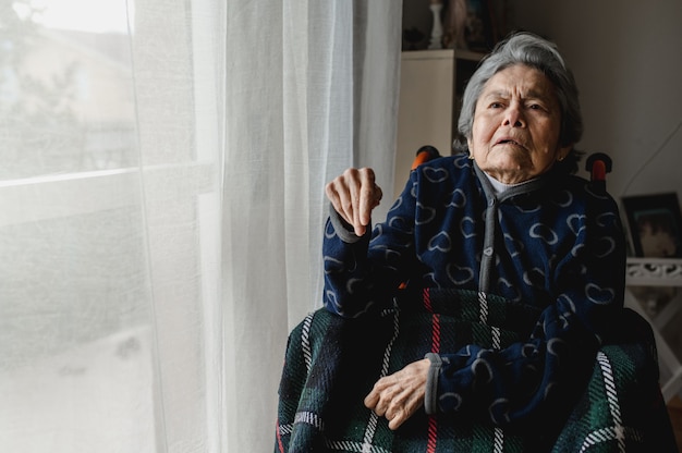 Portrait old sick woman sitting in wheelchair at home. third\
age, home elderly assistance concept.