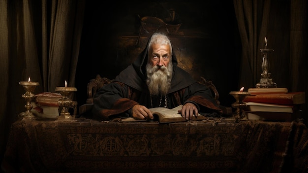 Portrait of an old wise man reading a book Dark background