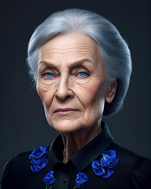 A portrait of an old woman with blue eyes