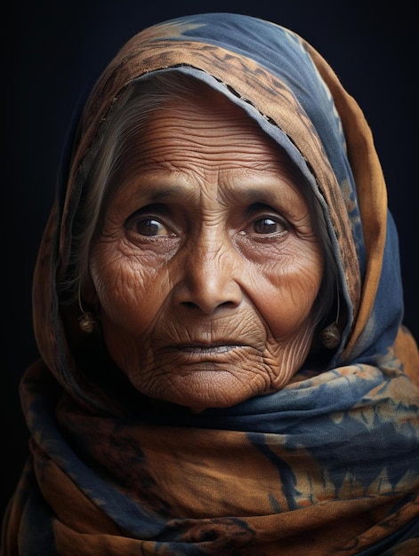 A portrait of an old woman with a blue scarf and a scarf.