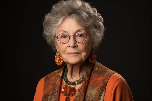 Photo portrait of an old woman with gray hair and glasses