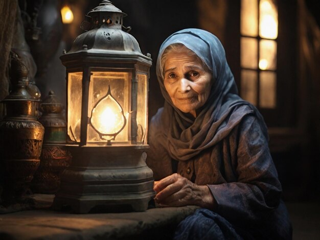 Portrait of an old woman with a lantern at night in the dark