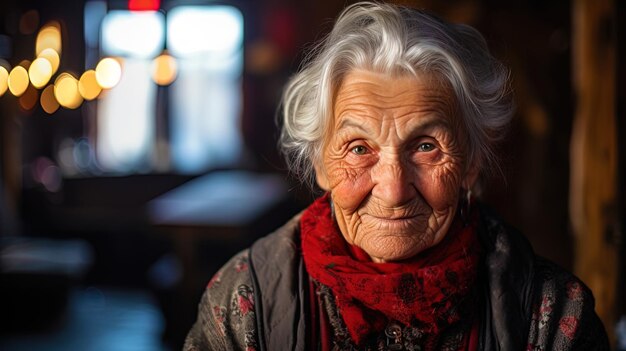 A portrait of an old woman with a smile luminous with experience