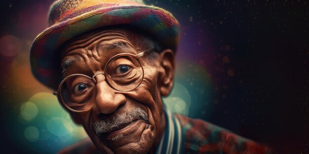 Portrait of older african man in glasses and hat with emotional face generative ai