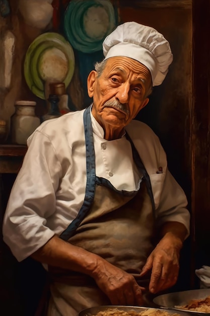 A portrait of an older chef