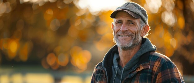 A portrait of an older man standing on a farmland