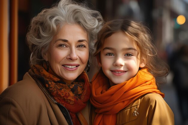 Photo portrait of older woman and young girl smiling for camera