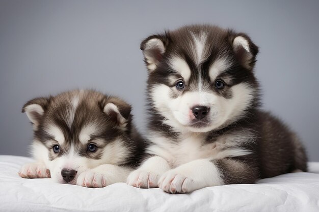 Portrait of one month old alaskan malamute puppys closeup in studio