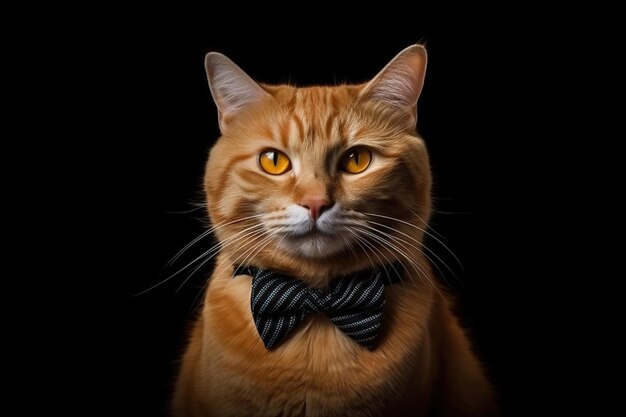 Портрет оранжевой кошки в черном галстуке, изолированный на черном фоне