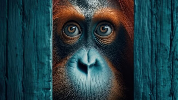 A Portrait of an orangutan monkey hiding behind blue Generative ai