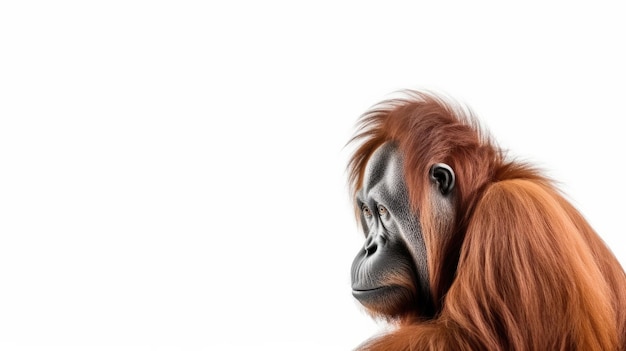 A portrait of an orangutan with a white background