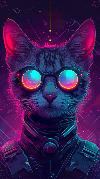 Portrait of oriental cat with a transparent nano suit and glowing tattoo cyber poster banner flyer